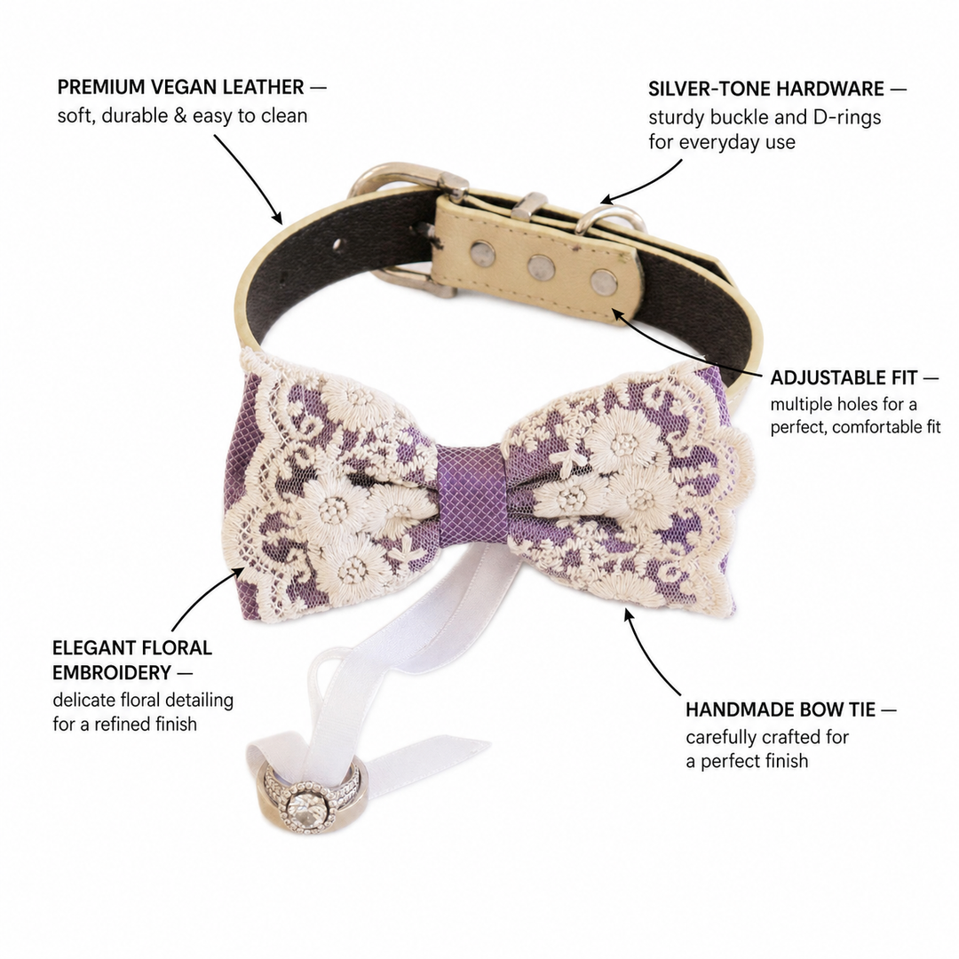 Purple Lace Wedding Dog Bow Tie Collar with Ivory Floral Embroidery