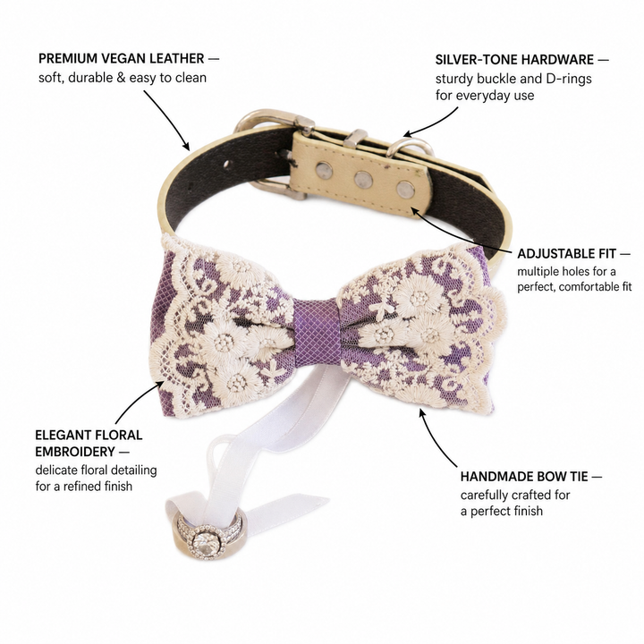 Purple Lace Wedding Dog Bow Tie Collar with Ivory Floral Embroidery