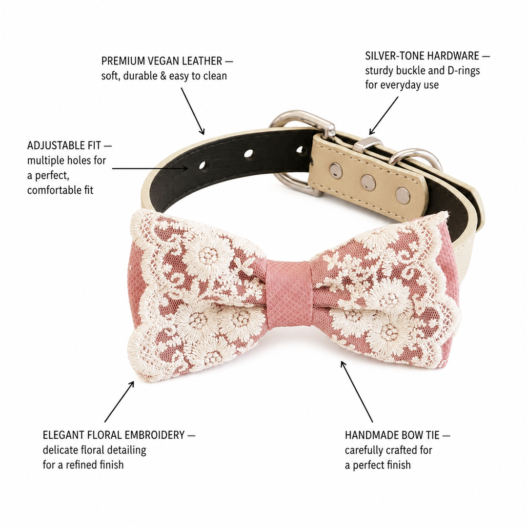 Soft Pink Lace Wedding Dog Bow Tie Collar with Ivory Floral Embroidery