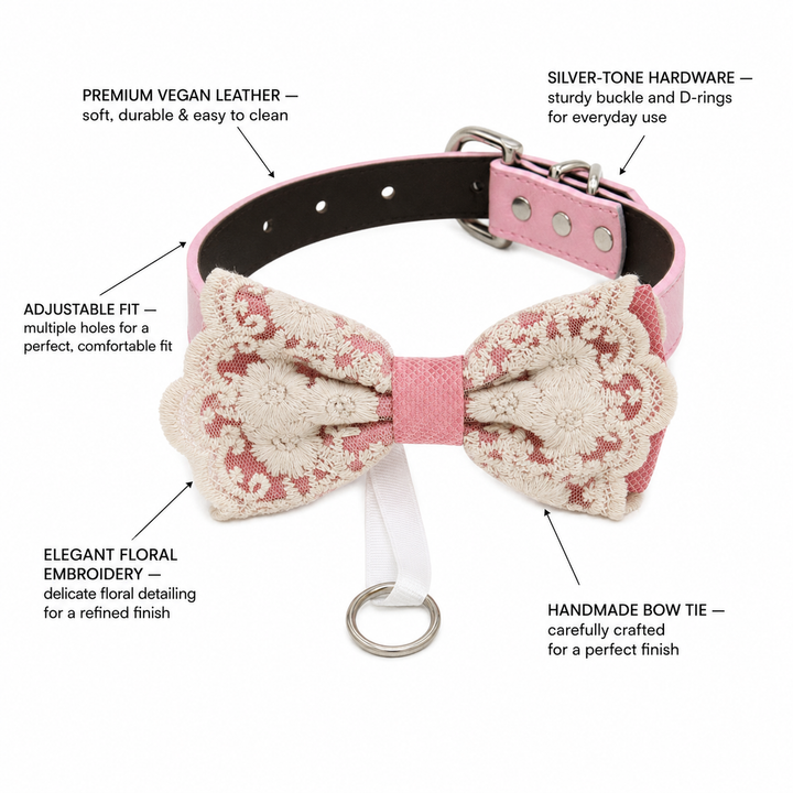 Blush Pink Floral Lace Dog Bow Tie Collar for Weddings & Special Occasions