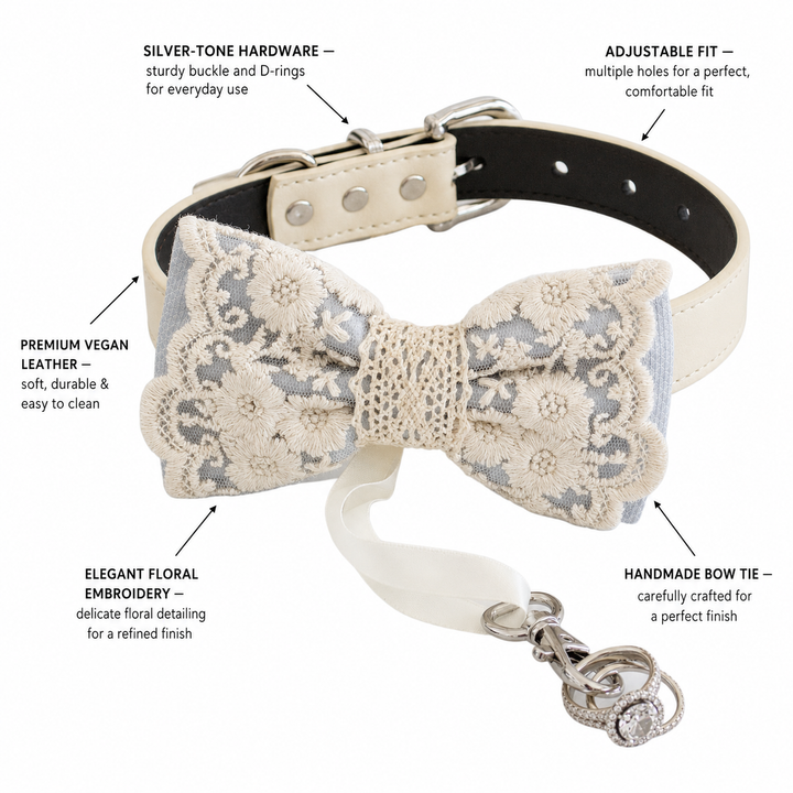 Dusty Blue Floral Lace Dog Bow Tie Collar for Weddings & Elegant Pet Style