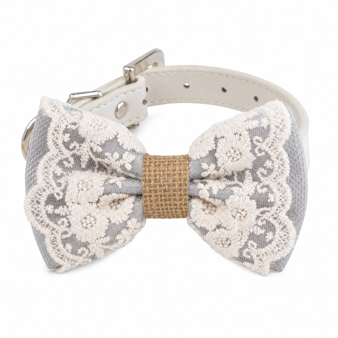 Silver Gray Floral Lace Dog Bow Tie Collar for Weddings & Elegant Pet Fashion