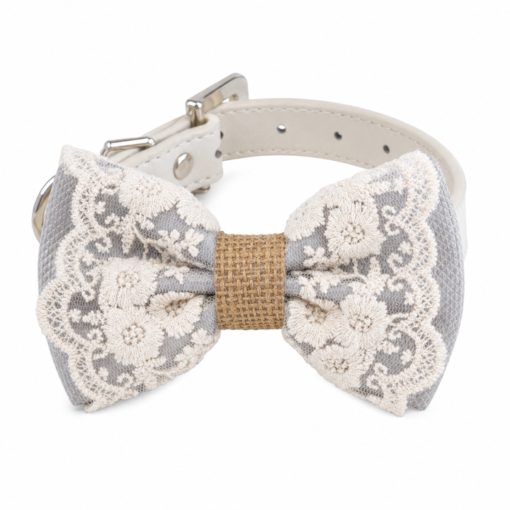 Silver Gray Floral Lace Dog Bow Tie Collar for Weddings & Elegant Pet Fashion