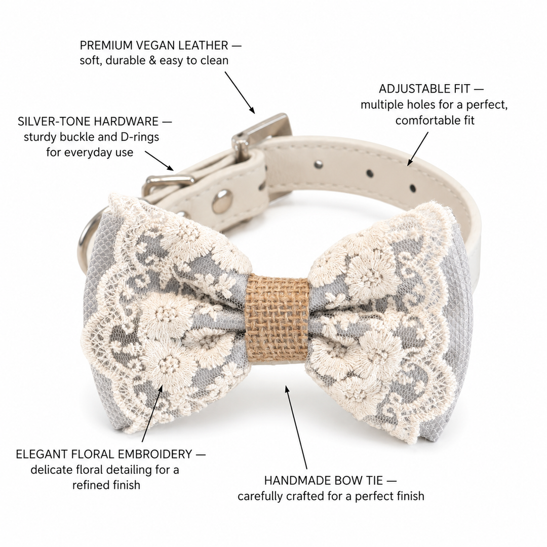 Silver Gray Floral Lace Dog Bow Tie Collar for Weddings & Elegant Pet Fashion