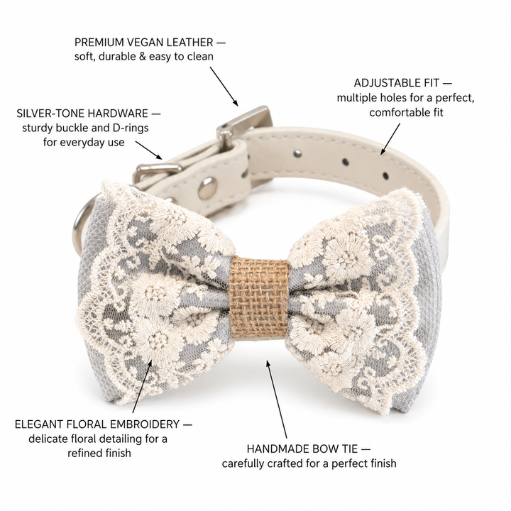 Silver Gray Floral Lace Dog Bow Tie Collar for Weddings & Elegant Pet Fashion