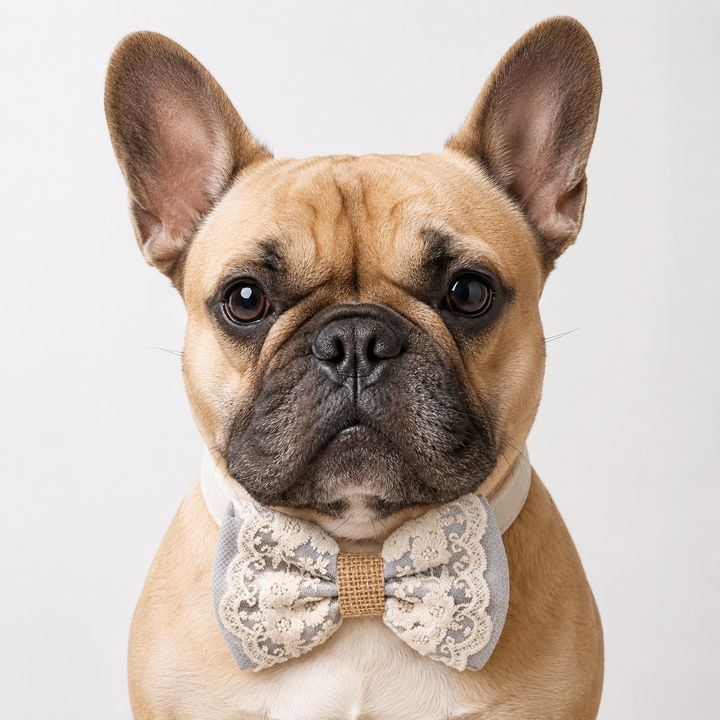 Silver Gray Floral Lace Dog Bow Tie Collar for Weddings & Elegant Pet Fashion
