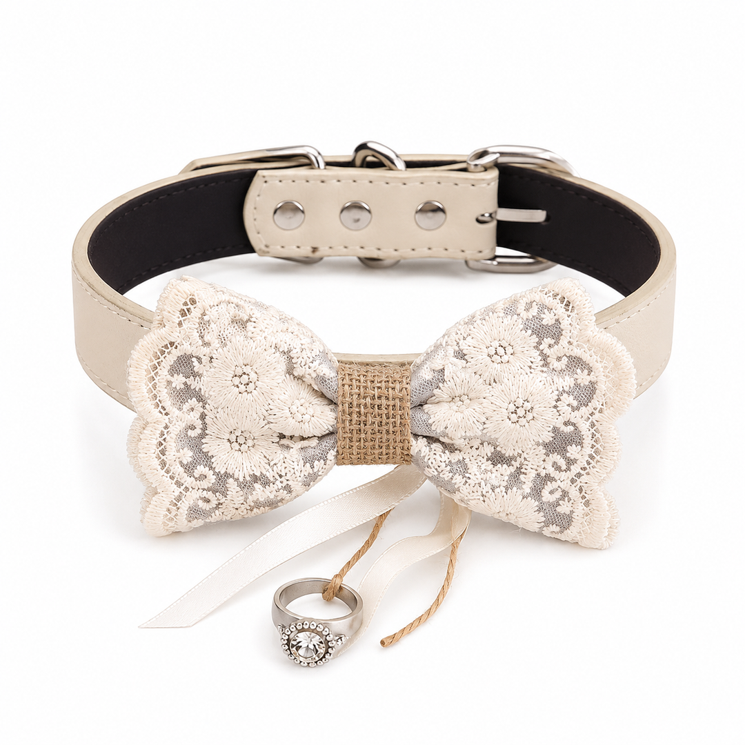 Ivory Gray Floral Lace Dog Bow Tie Collar for Weddings & Ring Bearer Pets
