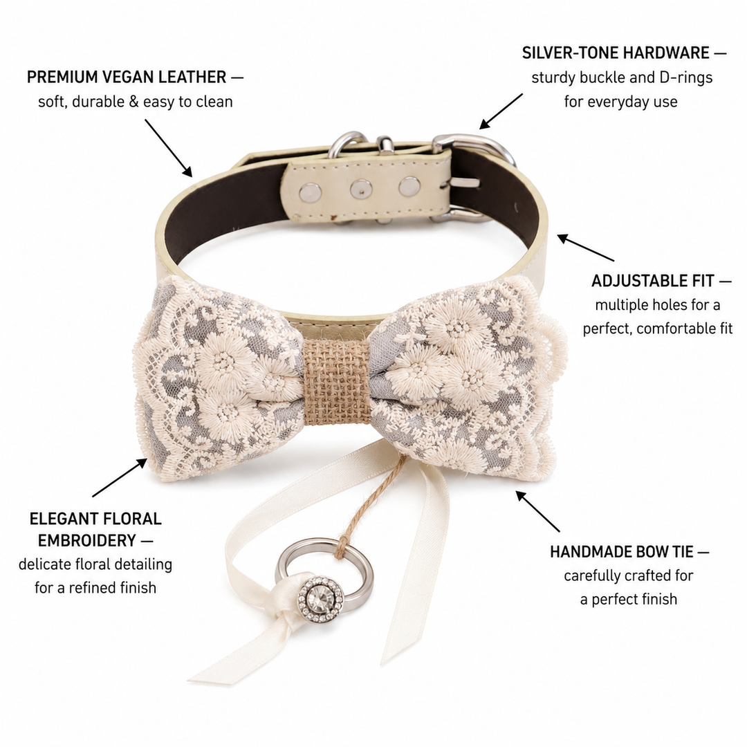 Ivory Gray Floral Lace Dog Bow Tie Collar for Weddings & Ring Bearer Pets