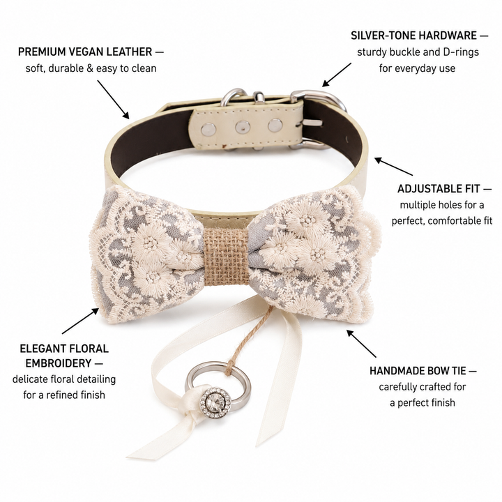 Ivory Gray Floral Lace Dog Bow Tie Collar for Weddings & Ring Bearer Pets