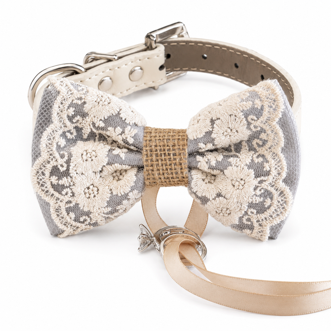 Silver Gray Rustic Floral Lace Dog Bow Tie Collar for Weddings & Ring Bearer Pets