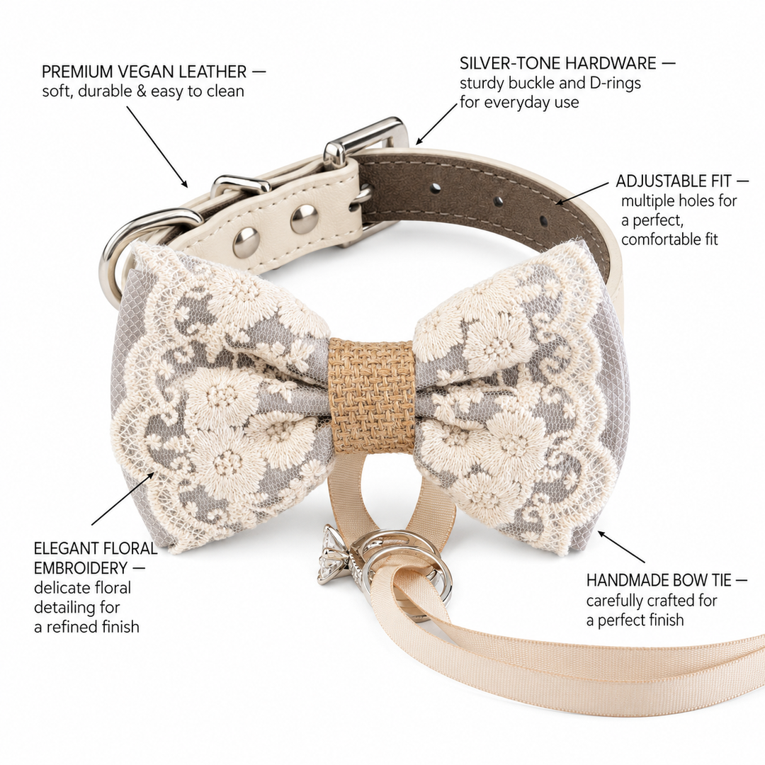Silver Gray Rustic Floral Lace Dog Bow Tie Collar for Weddings & Ring Bearer Pets