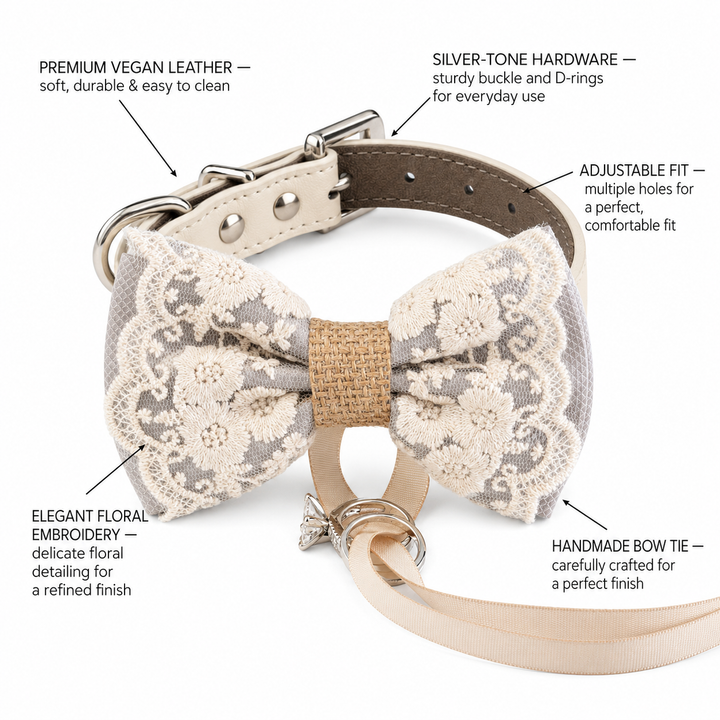 Silver Gray Rustic Floral Lace Dog Bow Tie Collar for Weddings & Ring Bearer Pets
