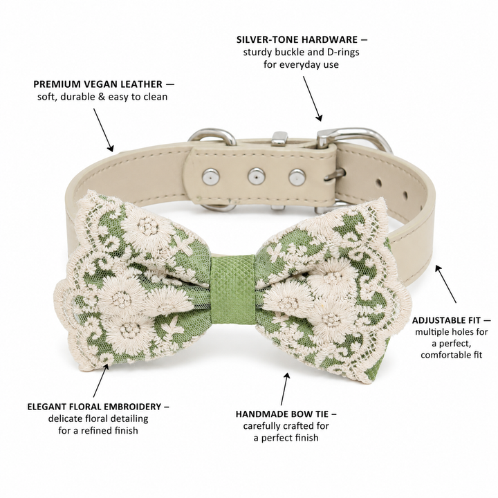 Sage Green Floral Lace Dog Bow Tie Collar for Weddings & Elegant Pet Style