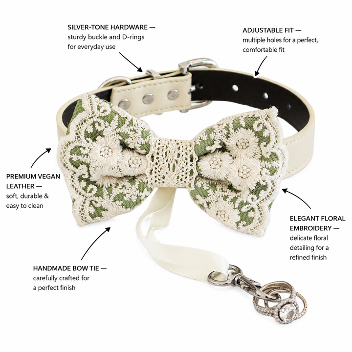Sage Green Ring Bearer Dog Bow Tie Collar with Floral Lace Embroidery