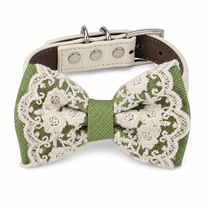 Olive Green Ring Bearer Dog Bow Tie Collar with Floral Lace Embroidery