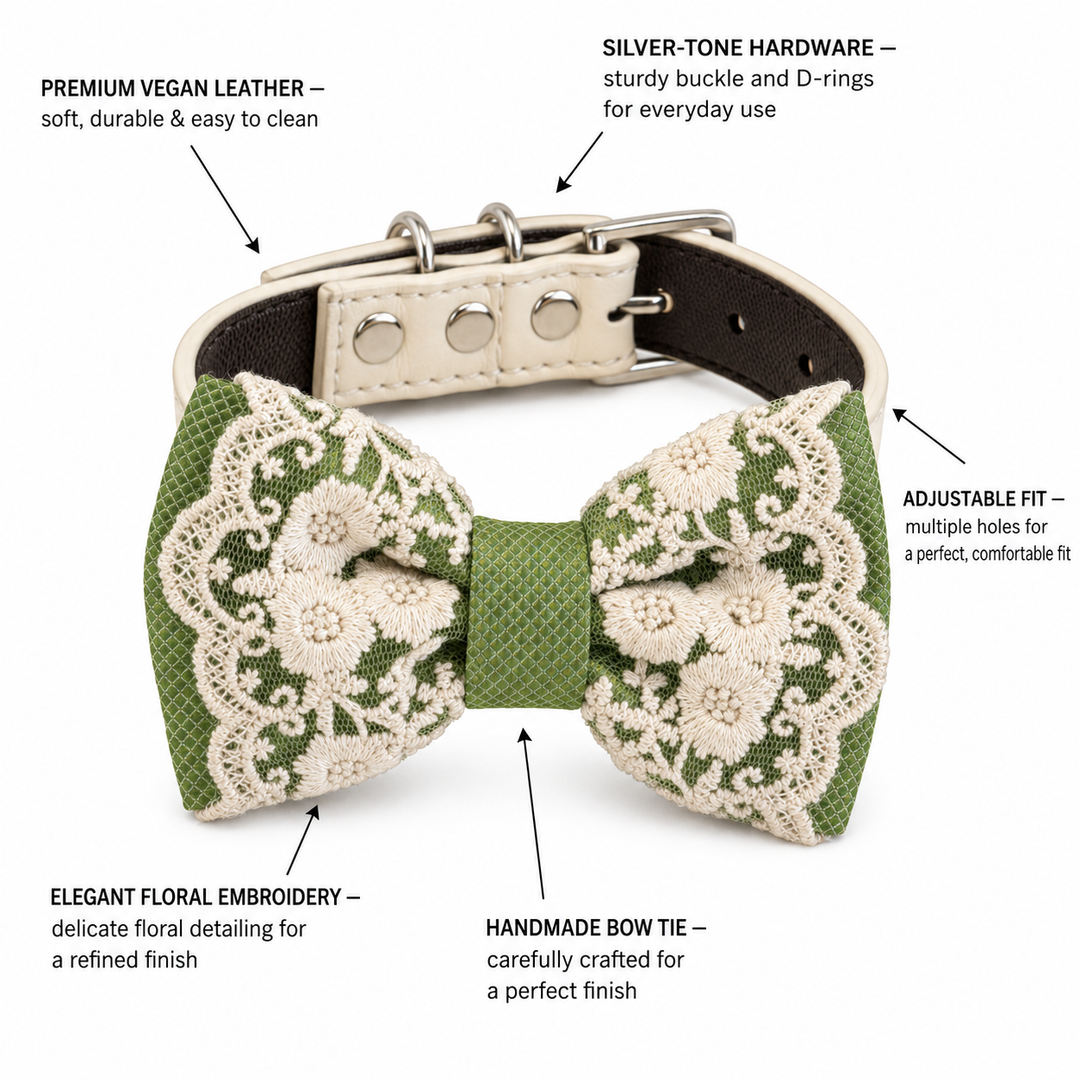 Olive Green Ring Bearer Dog Bow Tie Collar with Floral Lace Embroidery