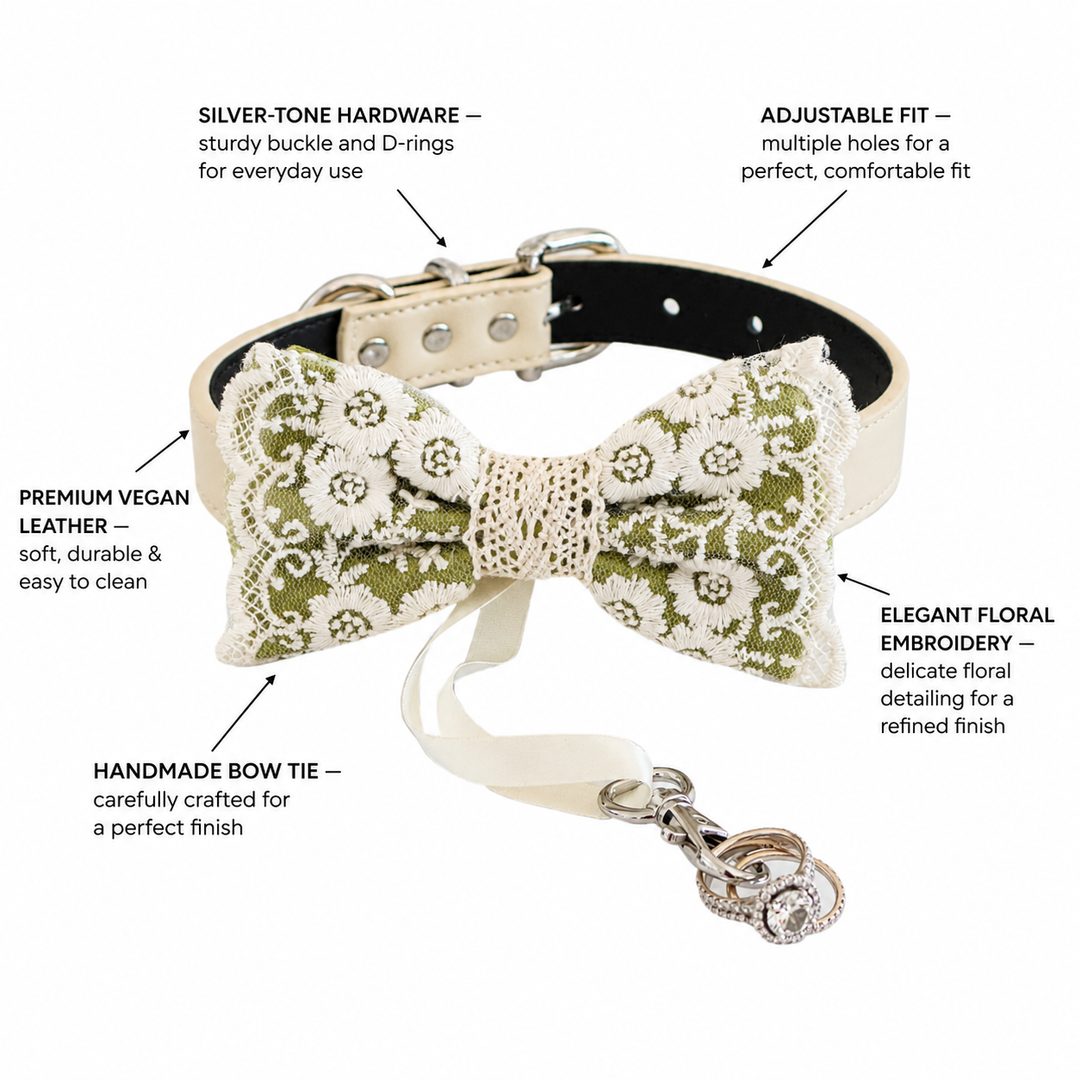 Dusty Olive Ring Bearer Dog Bow Tie Collar with Floral Lace Embroidery
