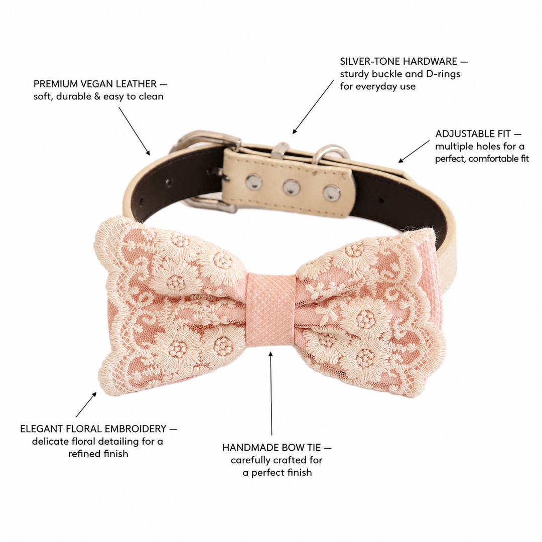 Blush Pink Ring Bearer Dog Bow Tie Collar with Floral Lace Embroidery