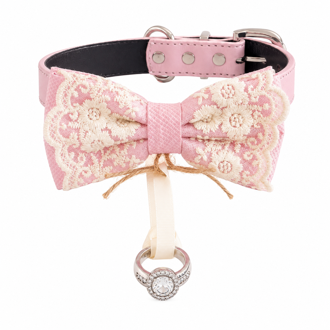 Soft Pink Ring Bearer Dog Bow Tie Collar with Floral Lace Embroidery