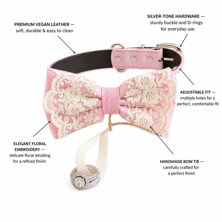 Soft Pink Ring Bearer Dog Bow Tie Collar with Floral Lace Embroidery