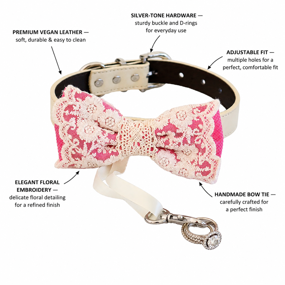 Blush Pink Ring Bearer Dog Bow Tie Collar with Floral Lace Embroidery