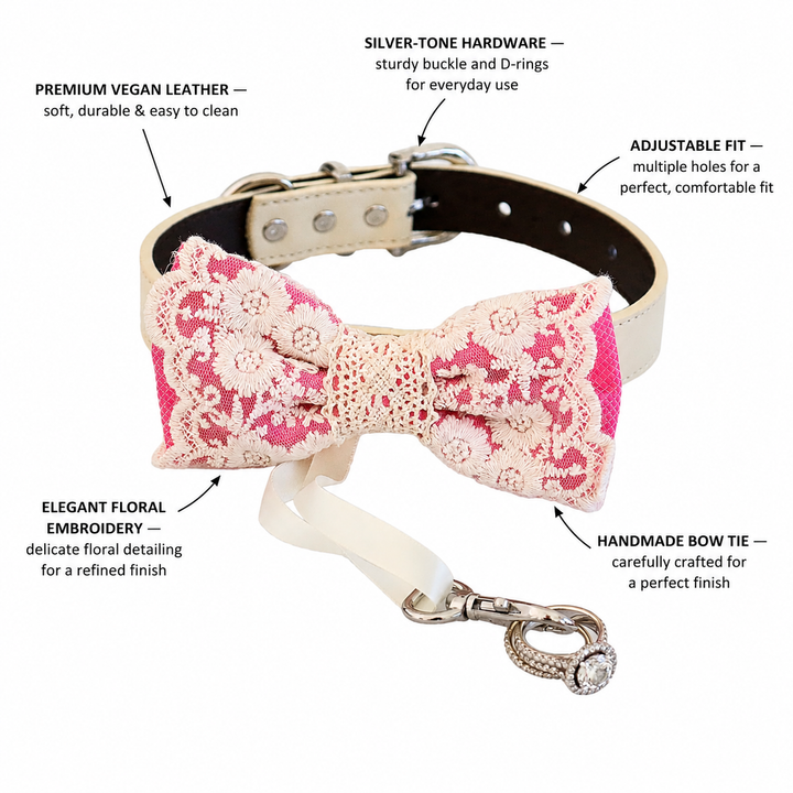 Blush Pink Ring Bearer Dog Bow Tie Collar with Floral Lace Embroidery