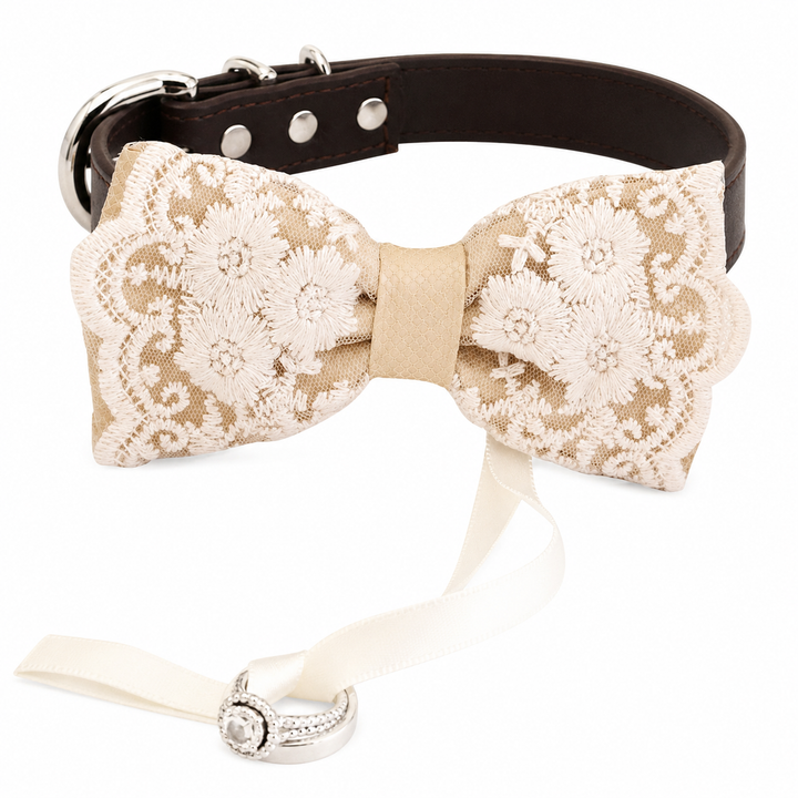 Champagne Beige Ring Bearer Dog Bow Tie Collar with Ivory Floral Lace Embroidery