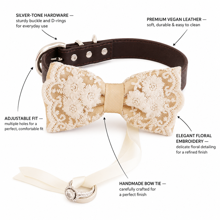 Champagne Beige Ring Bearer Dog Bow Tie Collar with Ivory Floral Lace Embroidery
