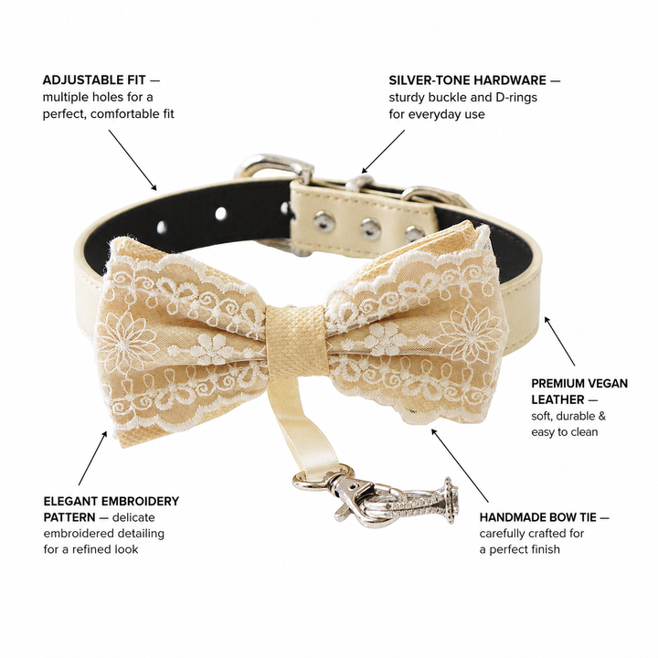 Champagne Gold Ring Bearer Dog Bow Tie Collar with Elegant Lace Embroidery