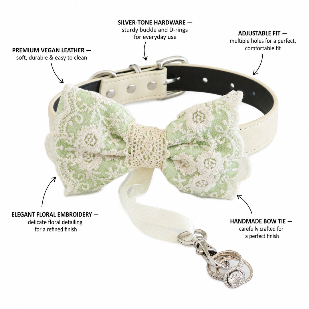 Mint Green Ring Bearer Dog Bow Tie Collar with Floral Lace Embroidery