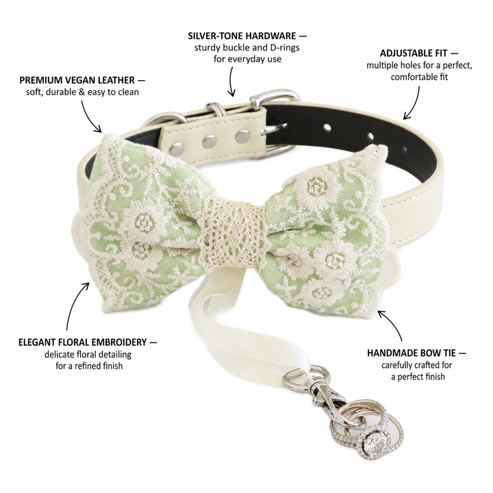 Mint Green Ring Bearer Dog Bow Tie Collar with Floral Lace Embroidery
