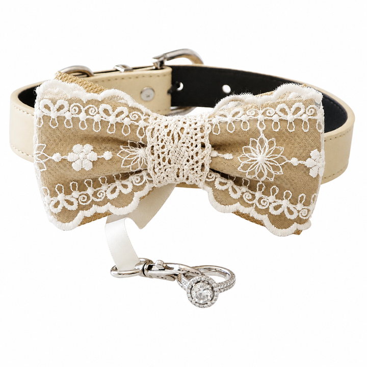 Rustic Beige Lace Wedding Dog Bow Tie Collar with Ivory Embroidered Lace