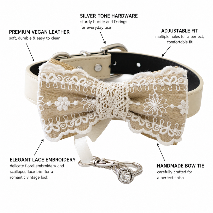 Rustic Beige Lace Wedding Dog Bow Tie Collar with Ivory Embroidered Lace