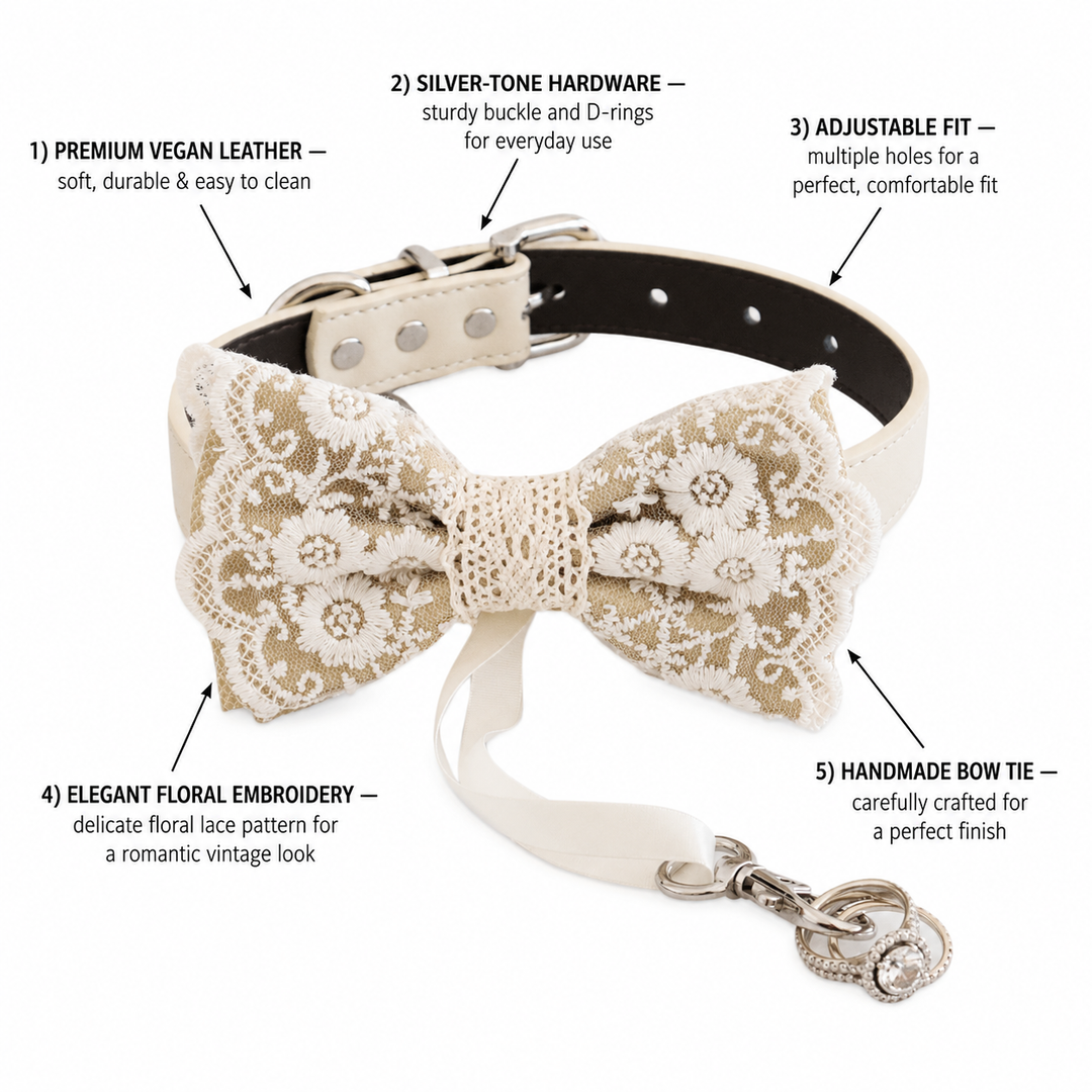 Vintage Beige Lace Wedding Dog Bow Tie Collar with Ivory Floral Embroidery
