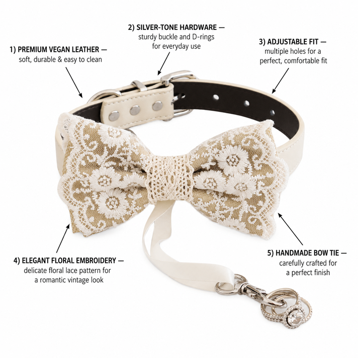 Vintage Beige Lace Wedding Dog Bow Tie Collar with Ivory Floral Embroidery