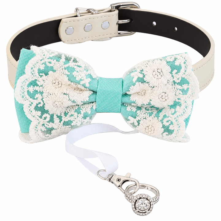 Mint Green Lace Wedding Dog Bow Tie Collar with Ivory Floral Embroidery