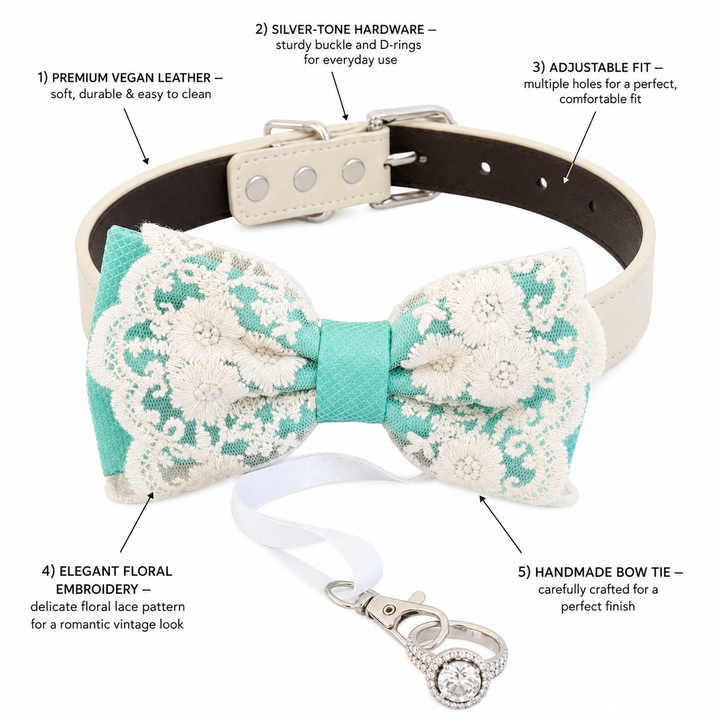 Mint Green Lace Wedding Dog Bow Tie Collar with Ivory Floral Embroidery