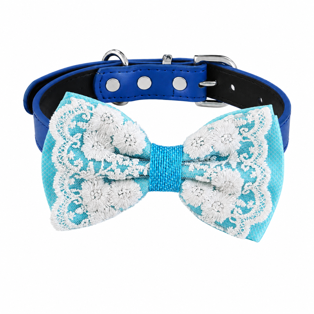 Turquoise Blue Lace Wedding Dog Bow Tie Collar with Ivory Floral Embroidery