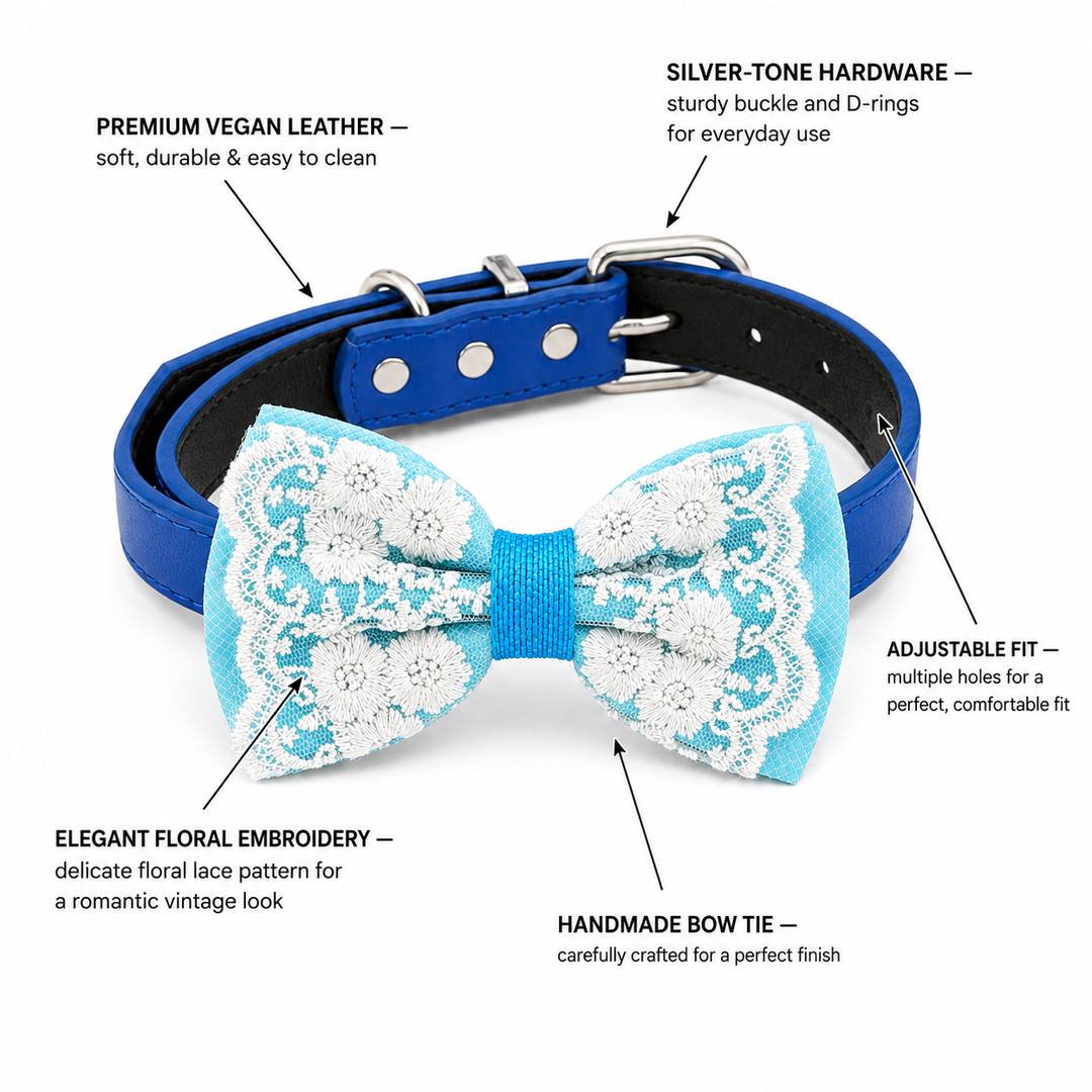 Turquoise Blue Lace Wedding Dog Bow Tie Collar with Ivory Floral Embroidery