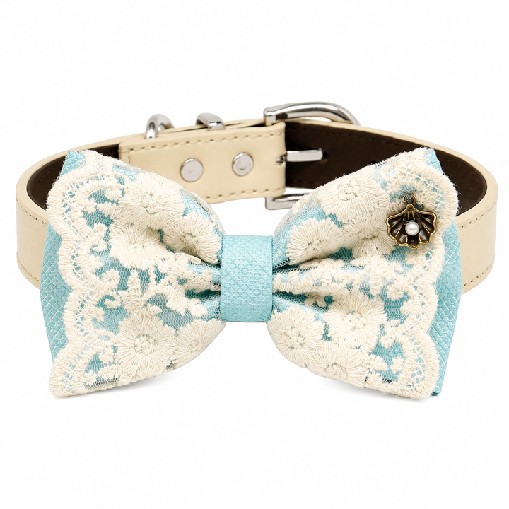 Sky Blue Lace Wedding Dog Bow Tie Collar with Ivory Floral Embroidery and Pearl Charm