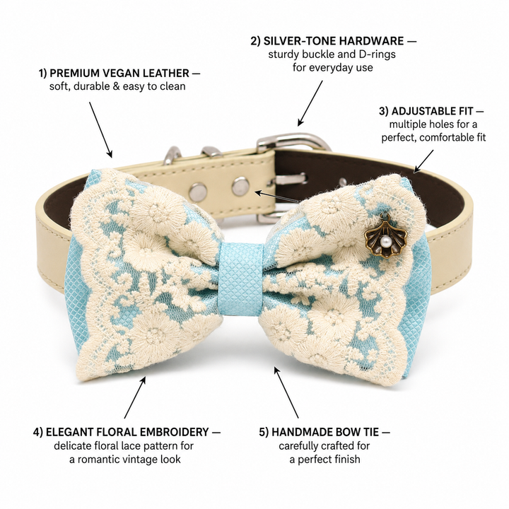Sky Blue Lace Wedding Dog Bow Tie Collar with Ivory Floral Embroidery and Pearl Charm