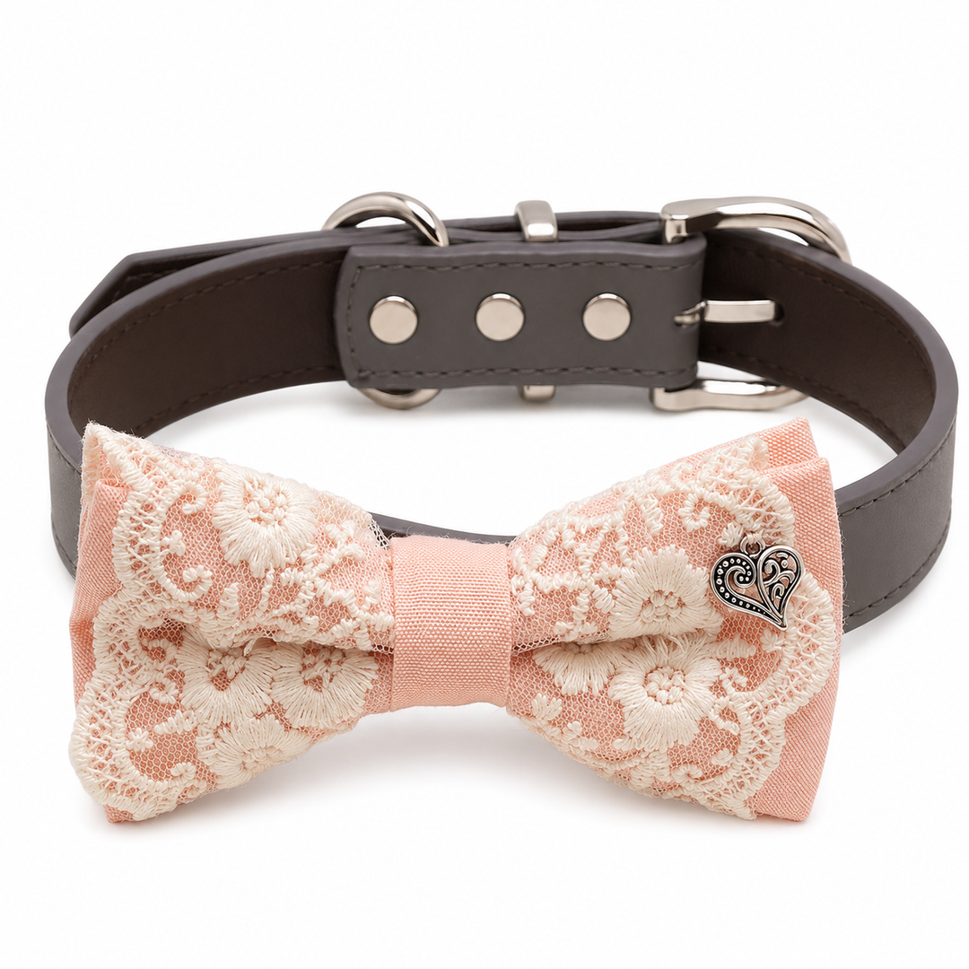 Soft Peach Lace Wedding Dog Bow Tie Collar with Ivory Floral Embroidery and Heart Charm