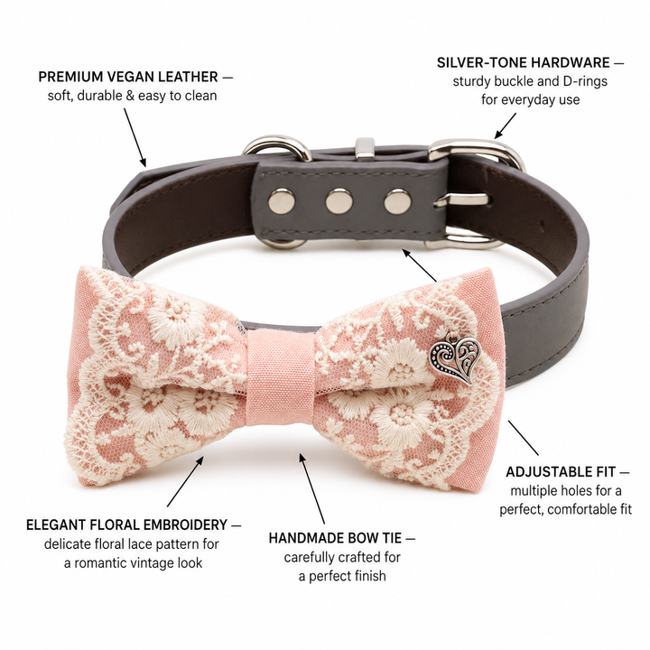 Soft Peach Lace Wedding Dog Bow Tie Collar with Ivory Floral Embroidery and Heart Charm