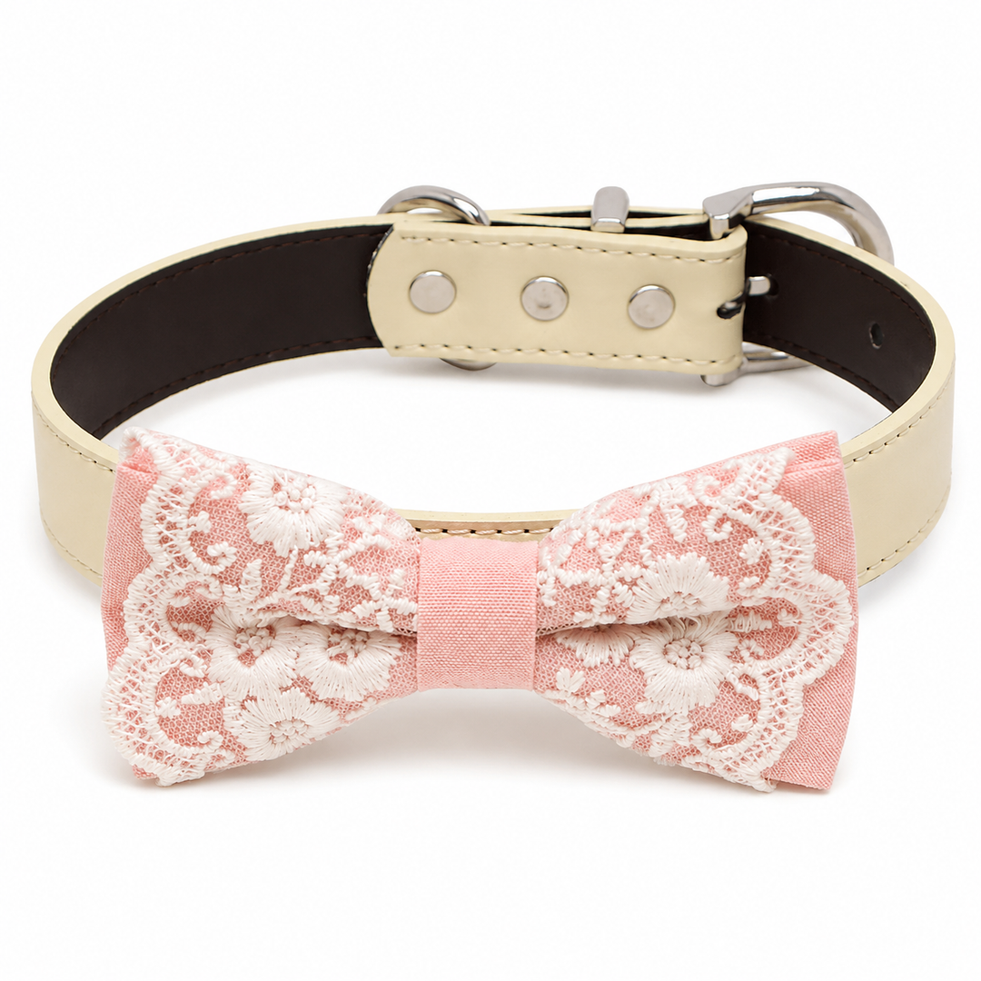 Soft Pink Lace Wedding Dog Bow Tie Collar with Ivory Floral Embroidery