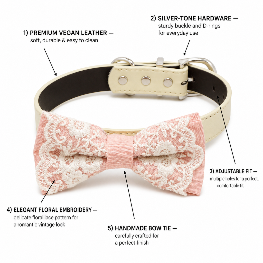 Soft Pink Lace Wedding Dog Bow Tie Collar with Ivory Floral Embroidery