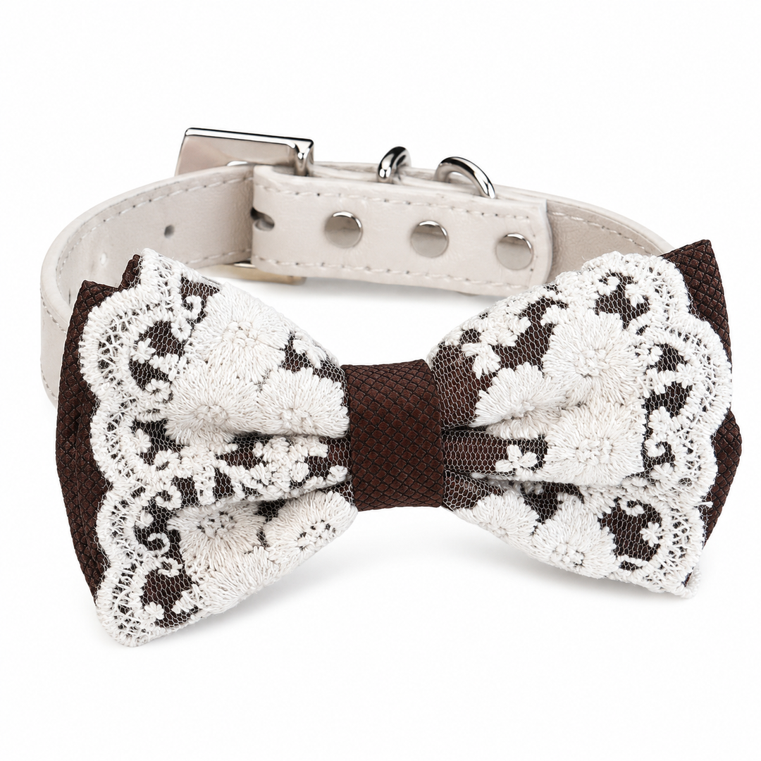 Chocolate Brown Lace Wedding Dog Bow Tie Collar with Ivory Floral Embroidery