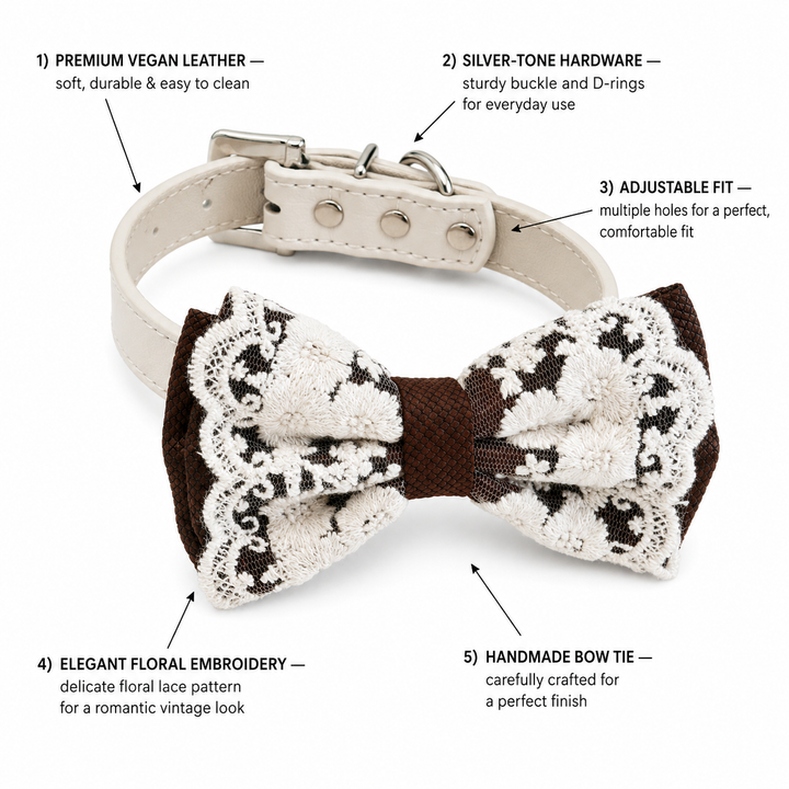 Chocolate Brown Lace Wedding Dog Bow Tie Collar with Ivory Floral Embroidery