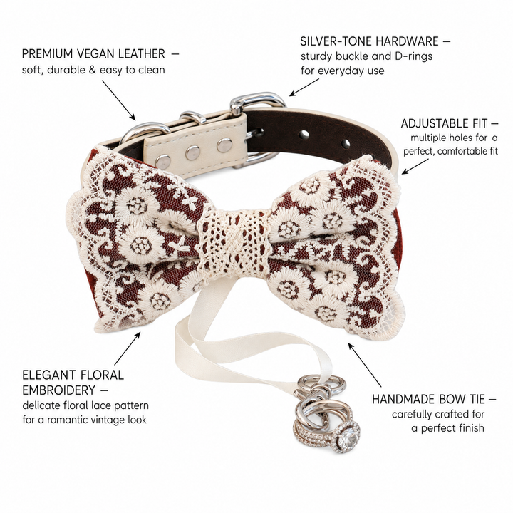 Burgundy Lace Wedding Dog Bow Tie Collar with Ivory Floral Embroidery