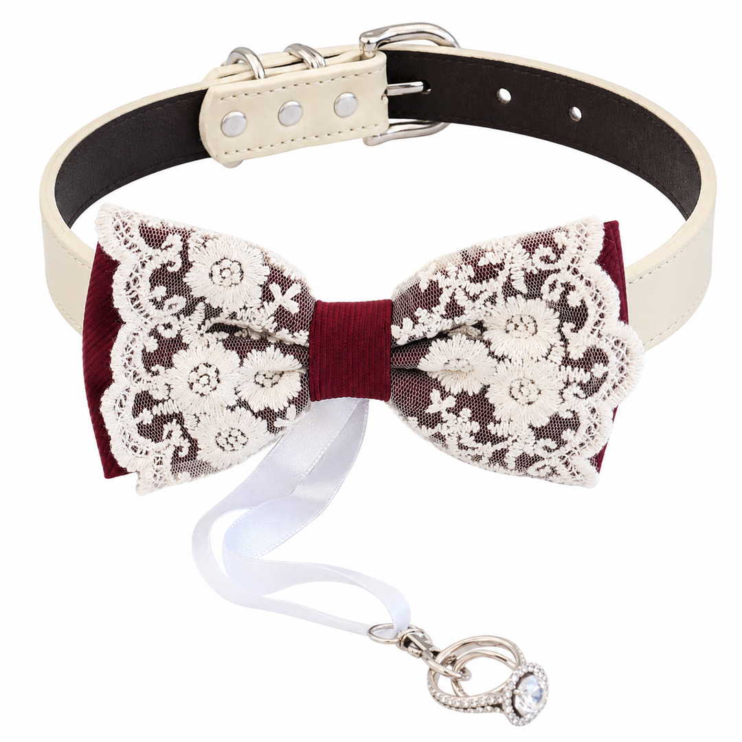 Deep Burgundy Lace Wedding Dog Bow Tie Collar with Ivory Floral Embroidery