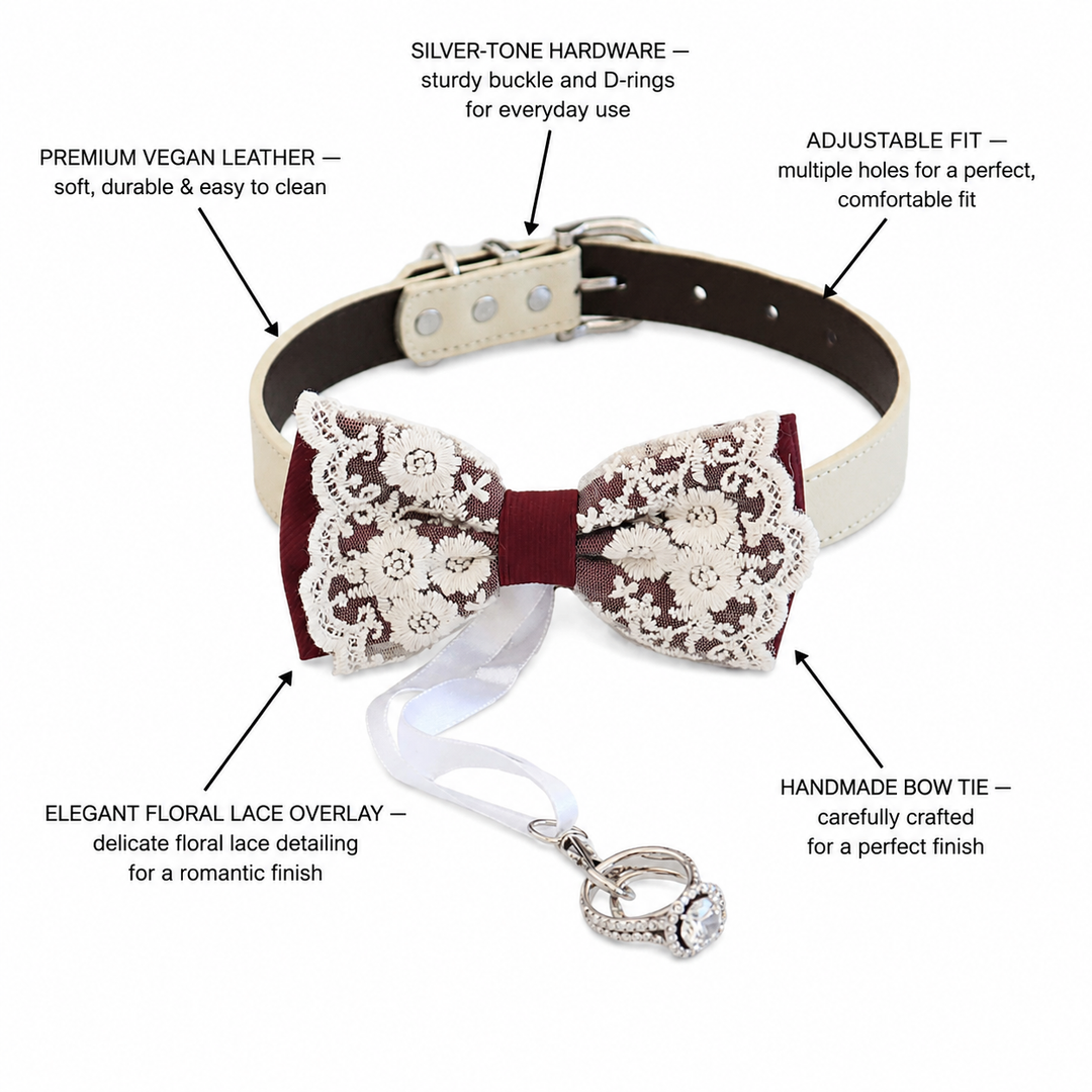 Deep Burgundy Lace Wedding Dog Bow Tie Collar with Ivory Floral Embroidery